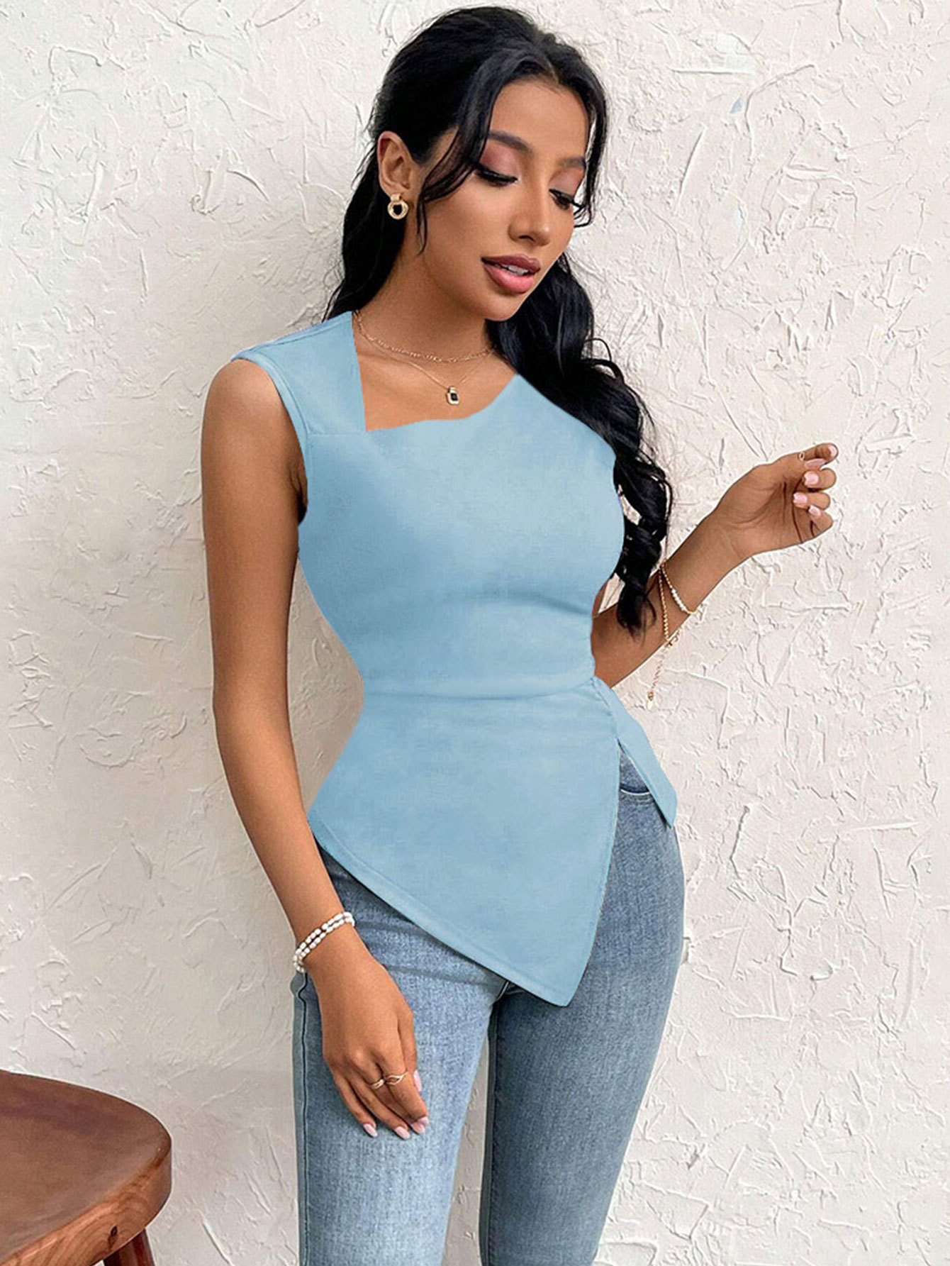 Women’s Elegant T-Shirt – Spring/Summer 2026 New Arrival Asymmetric Neck Slim-Fit Short Solid Top