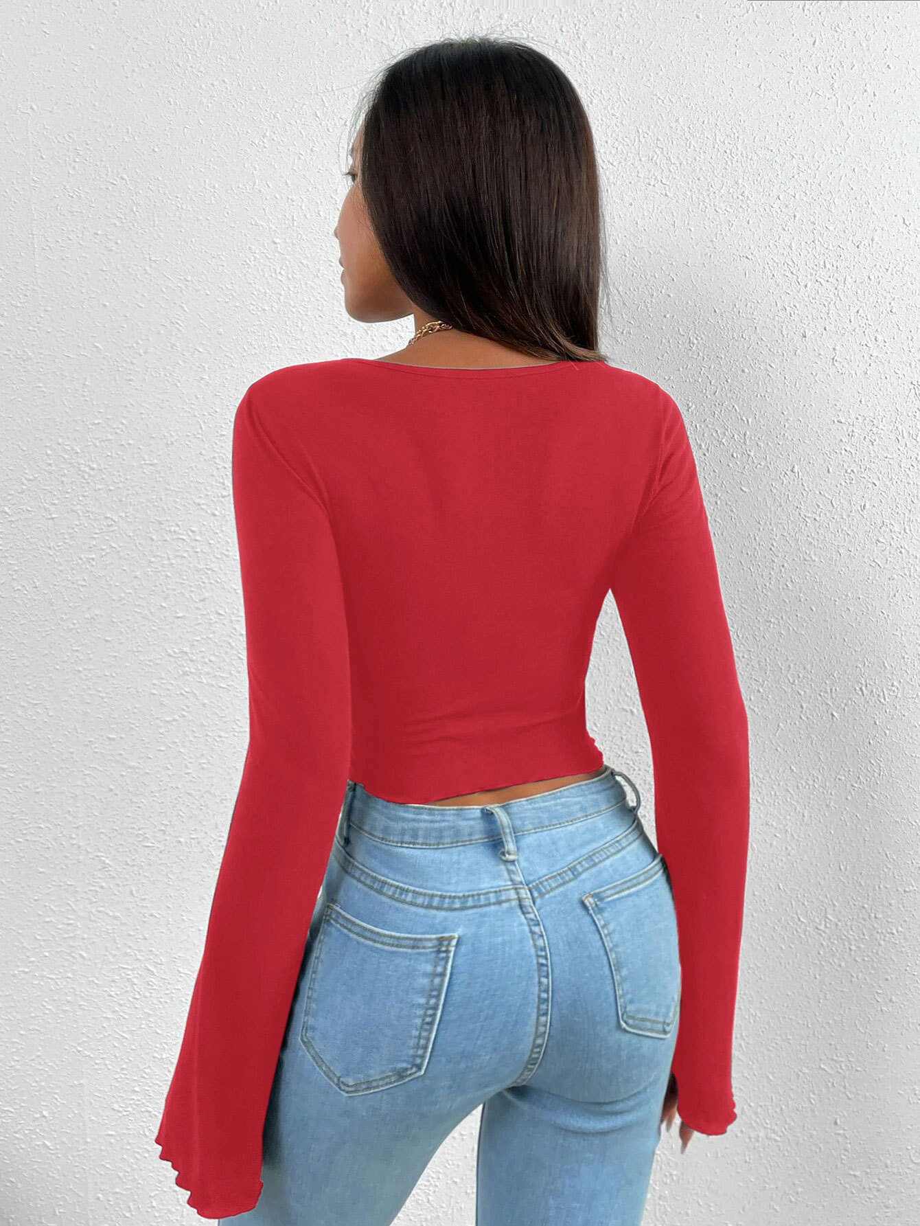 Women’s Resort V-Neck Flare Sleeve Waist-Cinching Asymmetric Knit Long Sleeve T-Shirt Top