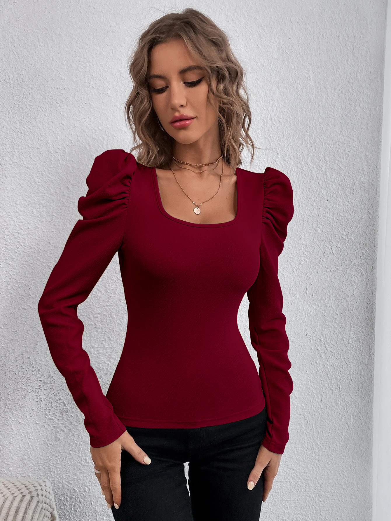 Women’s Fashion Square Neck Slim-Fit Leg-of-Mutton Sleeve Knit Long Sleeve T-Shirt – Commuter Top In Stock