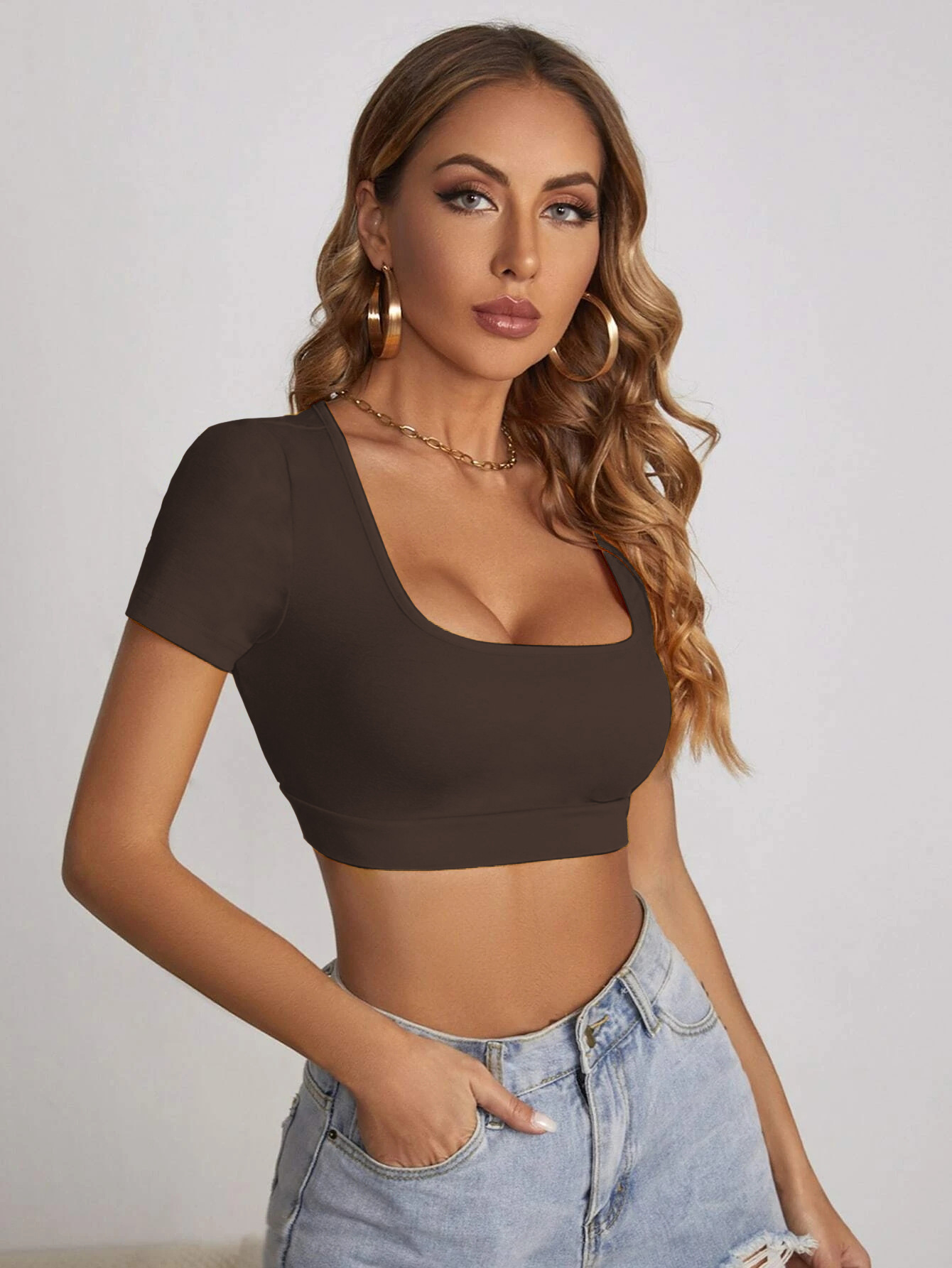 Women’s Summer New Arrival Square Neck Crop T-Shirt – Sexy Slim-Fit Streetwear Short Sleeve Top