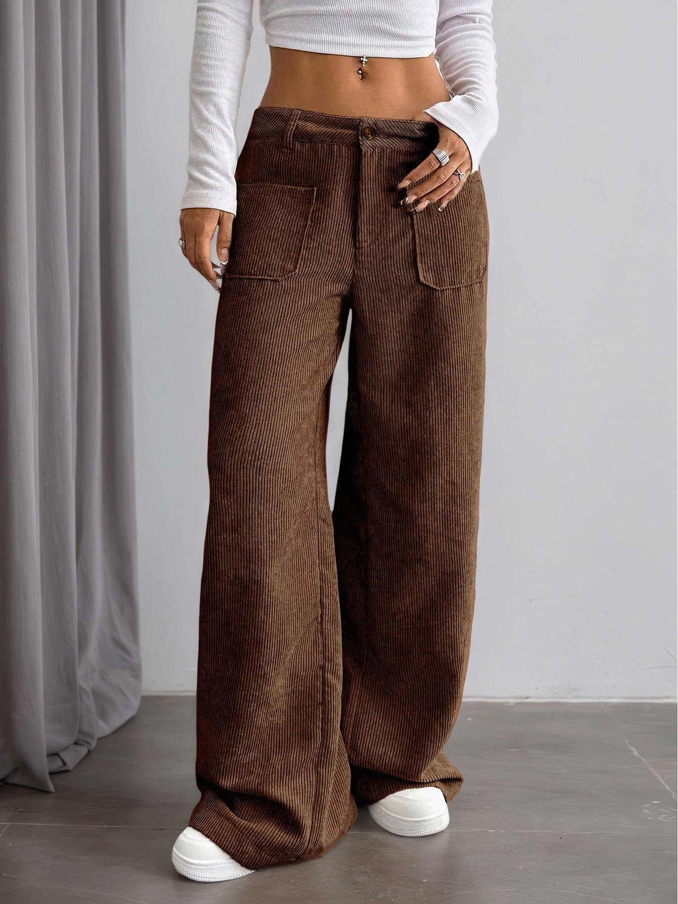 Women’s Corduroy Spring/Summer Dark Brown Vertical Stripe High-Waist Wide-Leg Loose Slimming Casual Pants