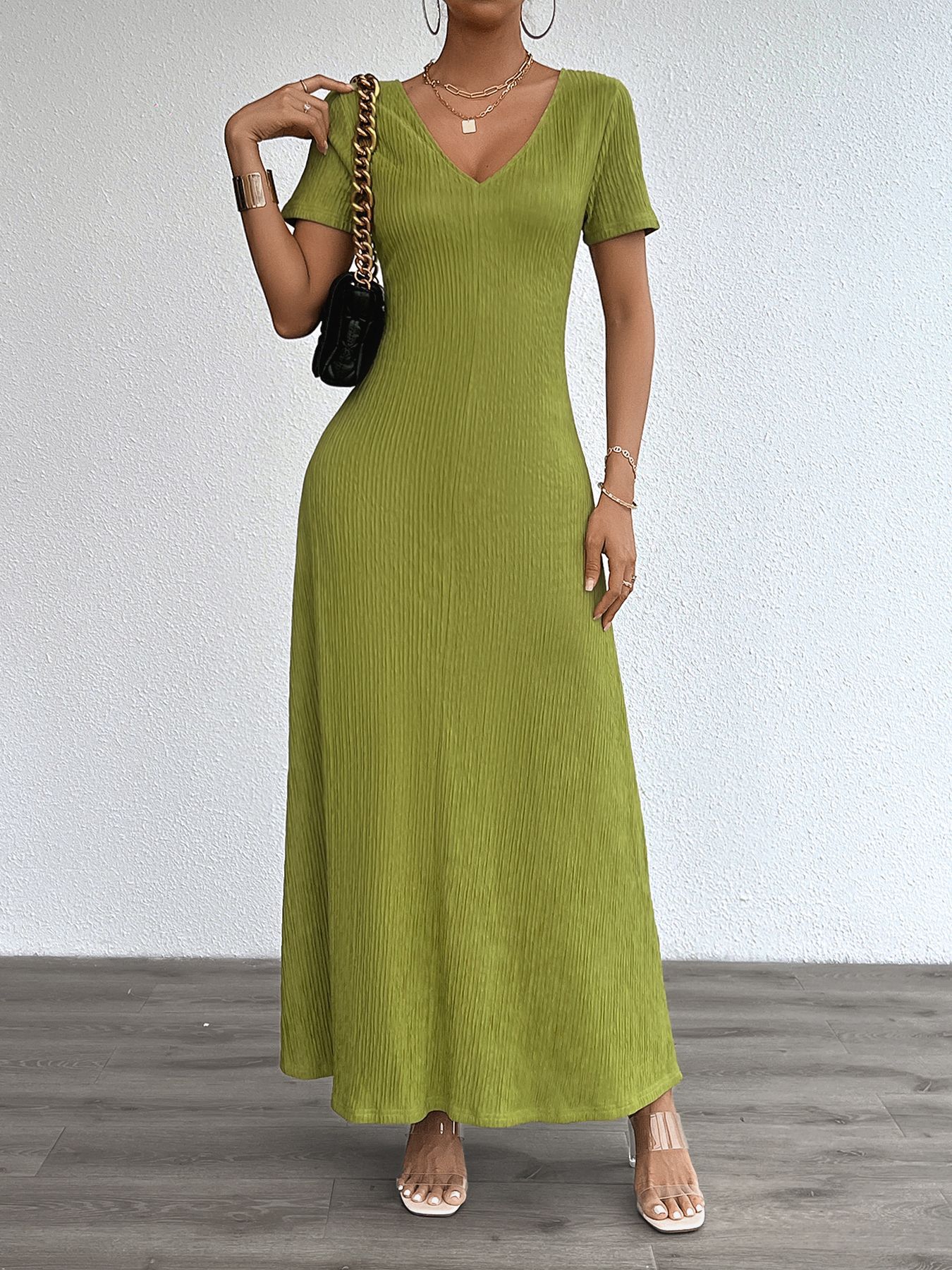 Women’s Plus Size Solid Sexy Deep V-Neck Short Sleeve Long Dress – Summer New Arrival Bestseller