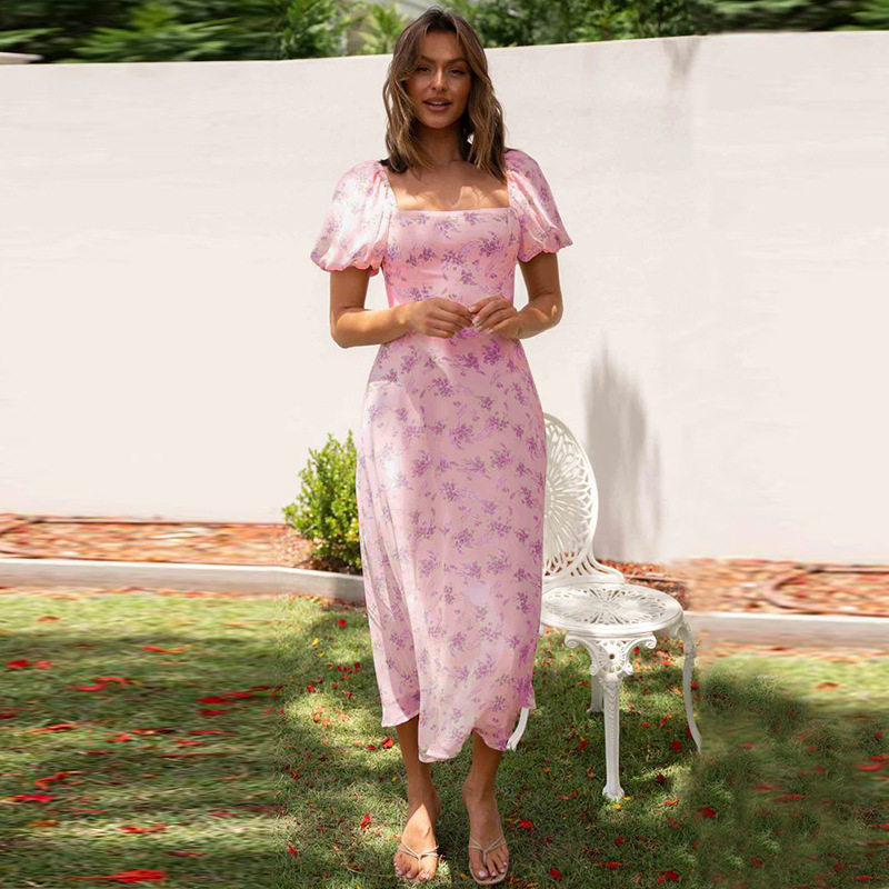 Women’s New Arrival Backless Hot Girl Spring Puff Sleeve Floral Dress – Slimming Light Luxury