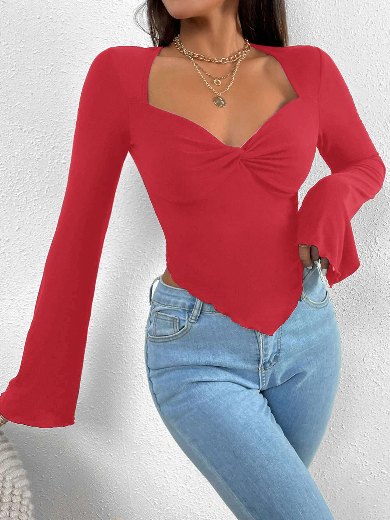 Women’s Resort V-Neck Flare Sleeve Waist-Cinching Asymmetric Knit Long Sleeve T-Shirt Top