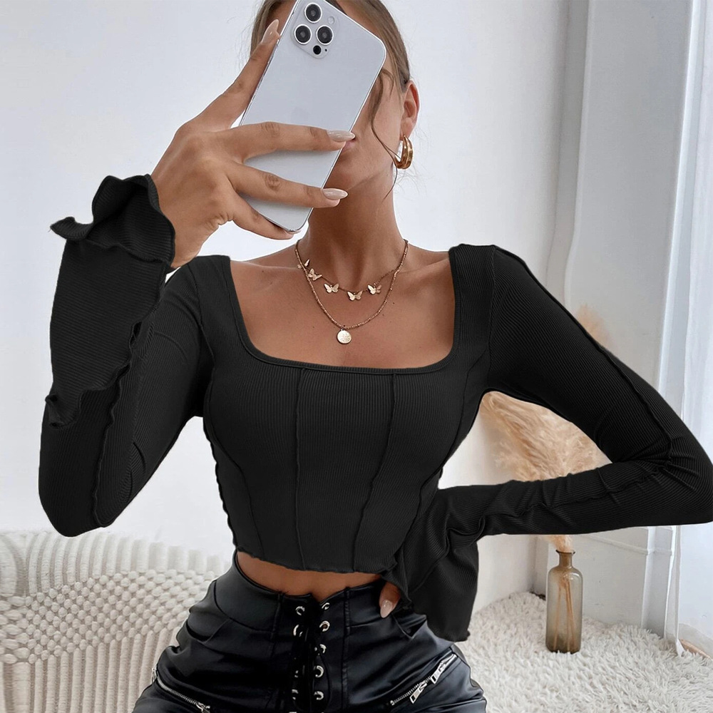Women’s Spring/Summer 2026 New Arrival Slim-Fit Long Sleeve Square Neck Pullover Knit T-Shirt Top