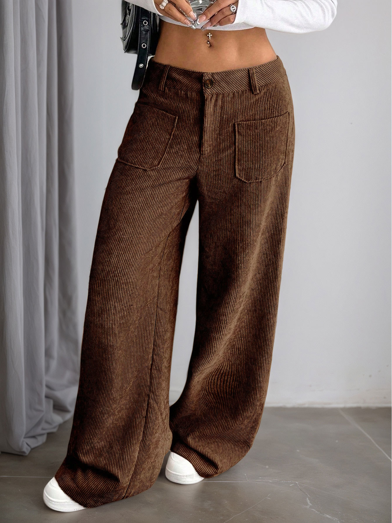 Women’s Corduroy Spring/Summer Dark Brown Vertical Stripe High-Waist Wide-Leg Loose Slimming Casual Pants