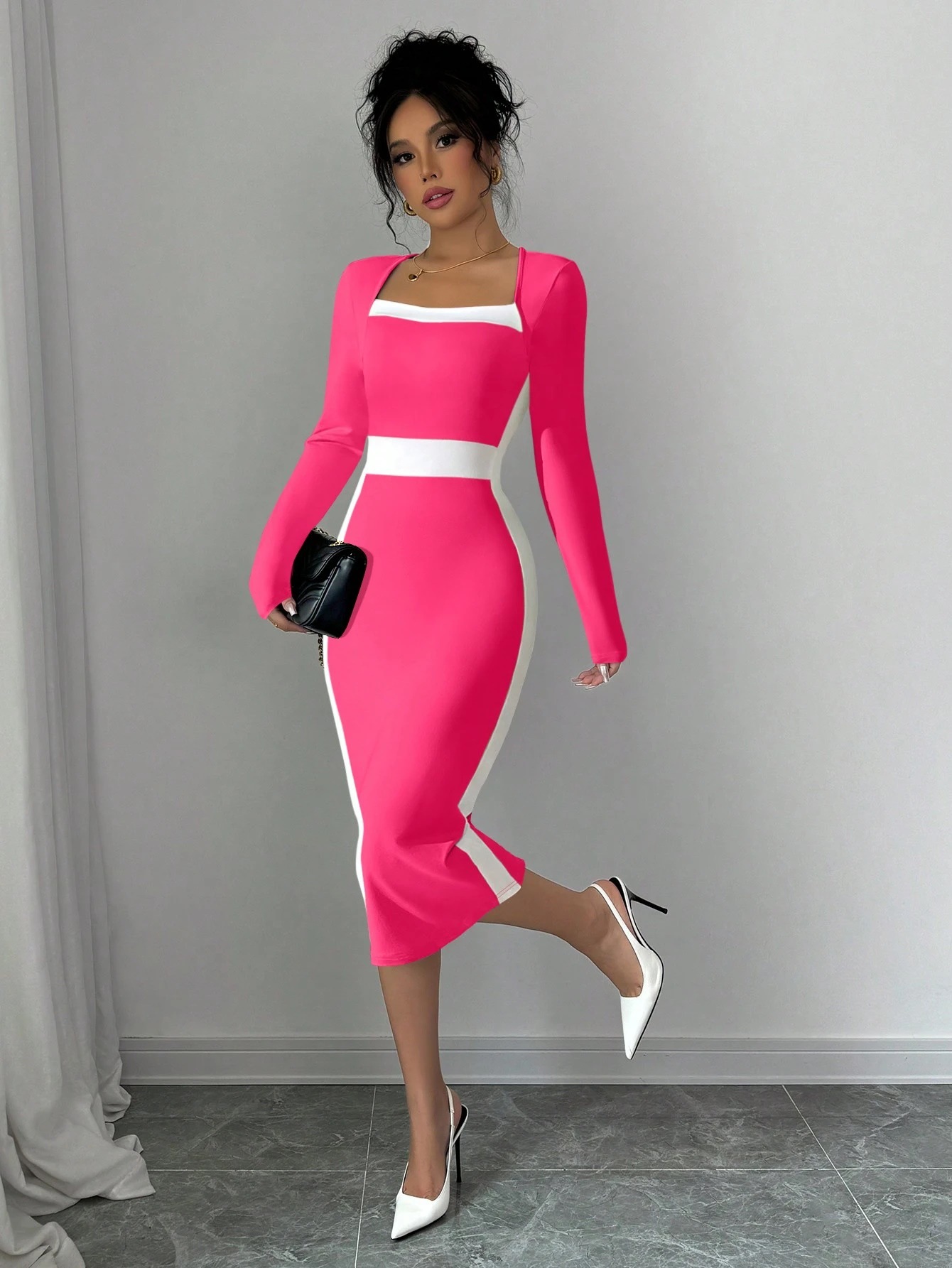 Women’s 2026 New Arrival Patchwork Color-Block Midi Dress – Sexy Bodycon Long Sleeve Dress