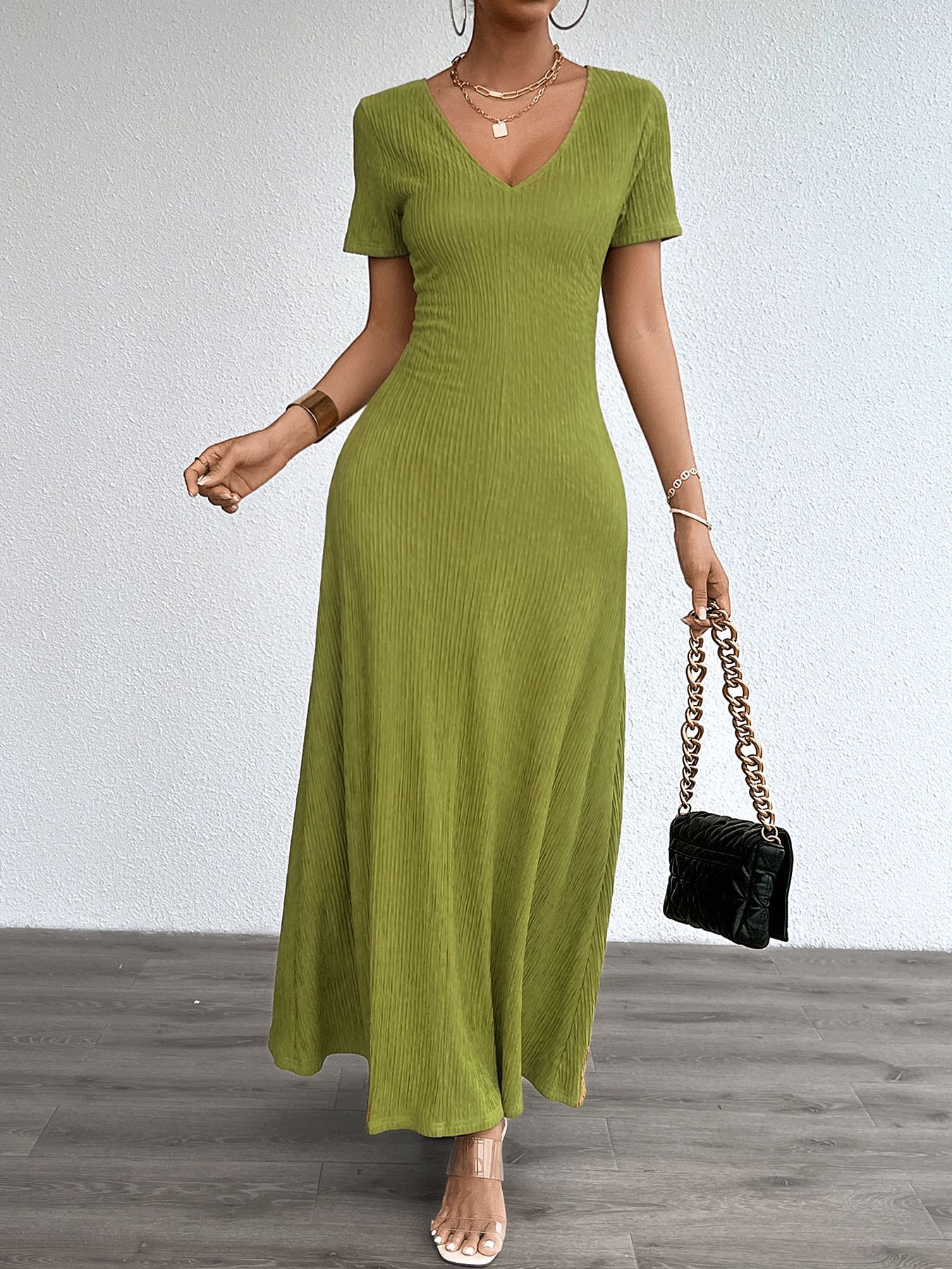 Women’s Plus Size Solid Sexy Deep V-Neck Short Sleeve Long Dress – Summer New Arrival Bestseller