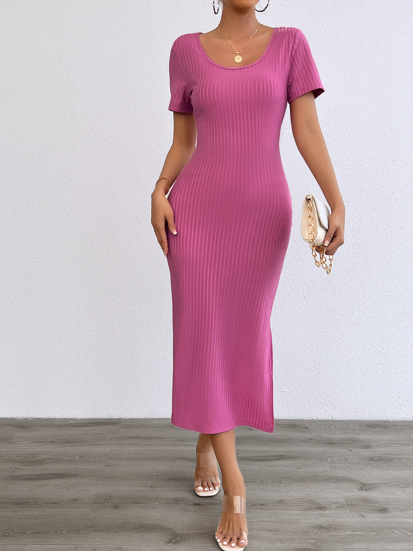 Women’s Spring/Summer New Arrival Fashion Casual Solid Round Neck Slim-Fit Dress