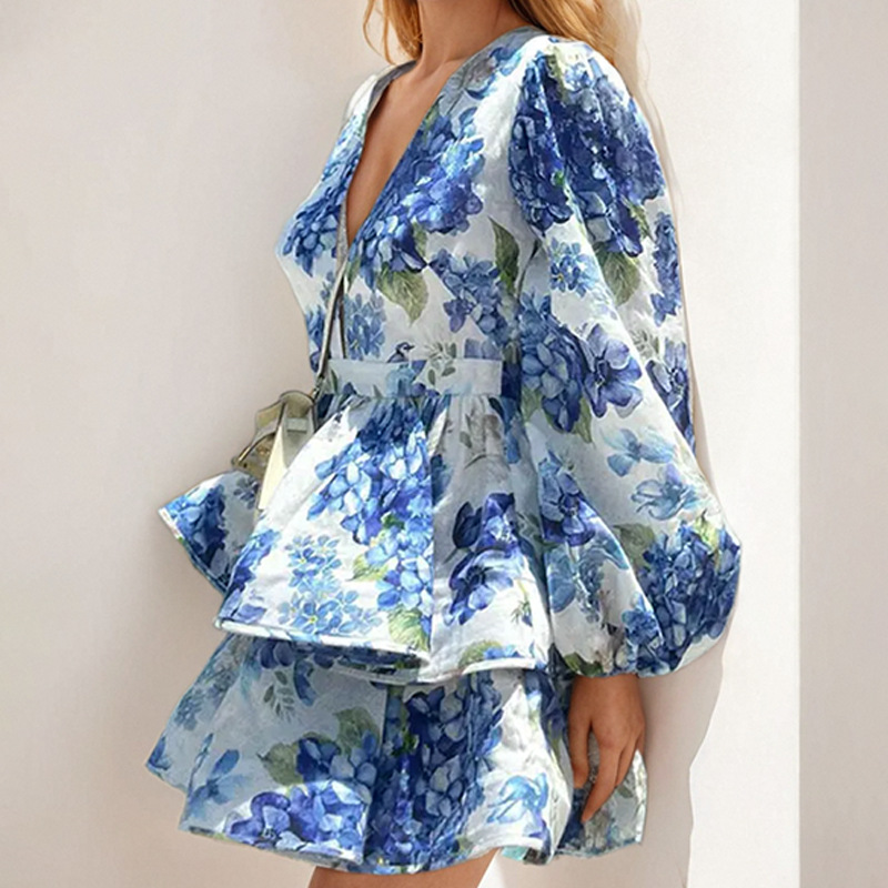 Women’s Spring New Arrival Elegant Fashion V-Neck Puff Sleeve Ruffled Dress