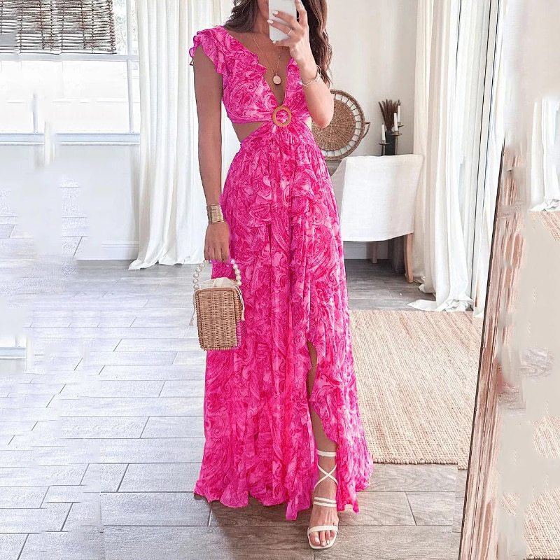 Women’s Spring New Arrival Sexy Deep V-Neck Waist Cut-Out Printed Maxi Dress