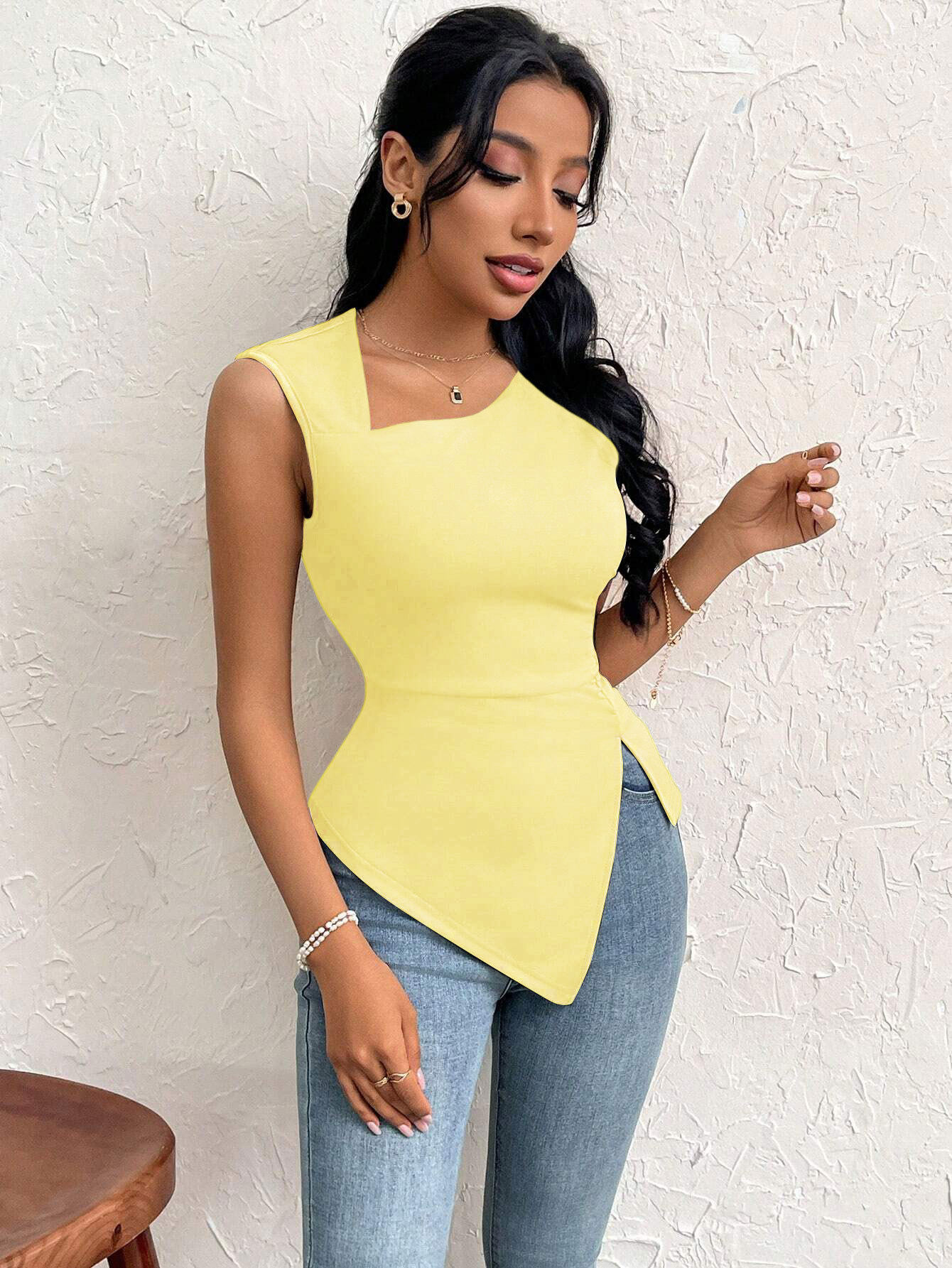 Women’s Elegant T-Shirt – Spring/Summer 2026 New Arrival Asymmetric Neck Slim-Fit Short Solid Top