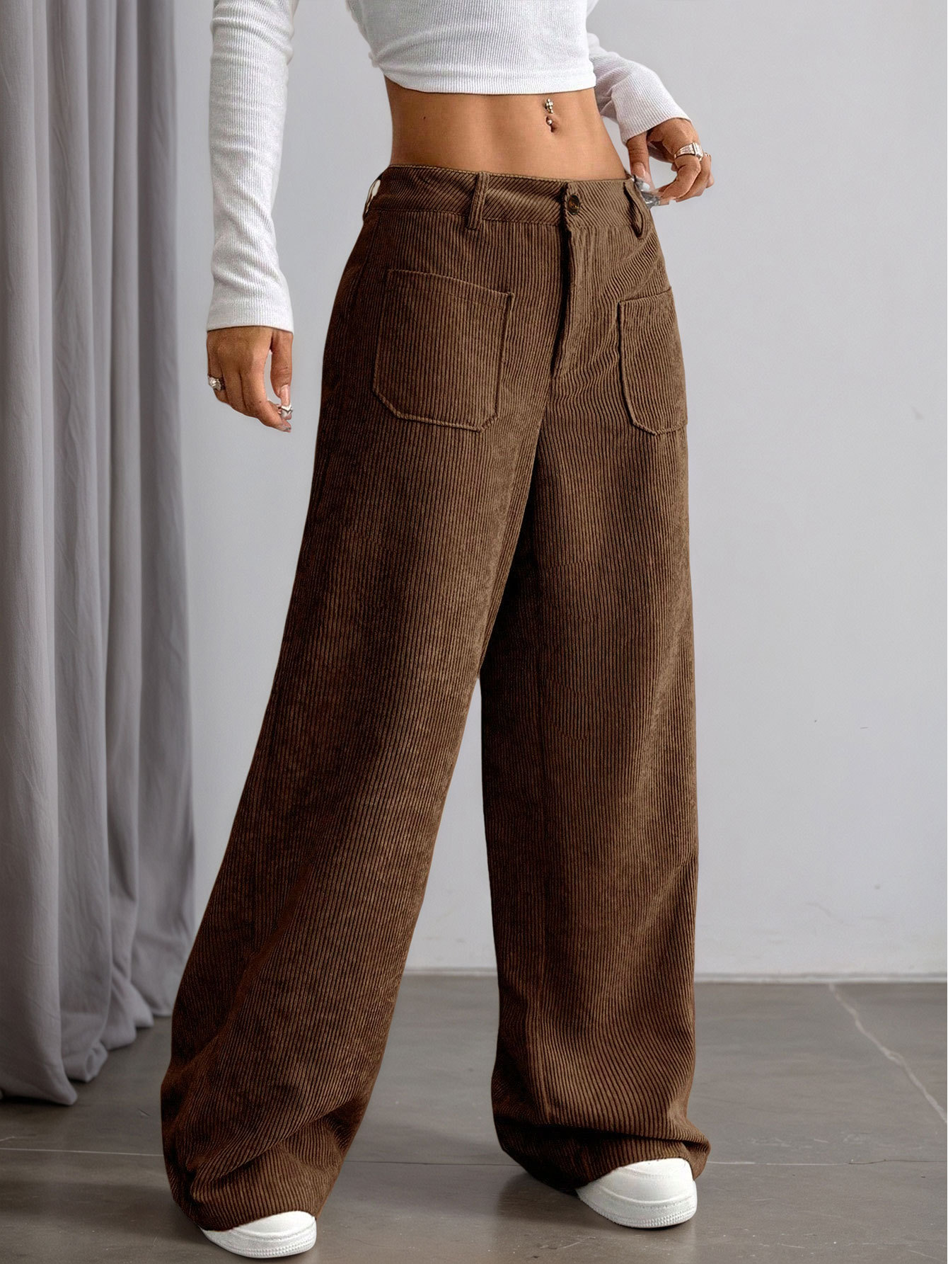 Women’s Corduroy Spring/Summer Dark Brown Vertical Stripe High-Waist Wide-Leg Loose Slimming Casual Pants