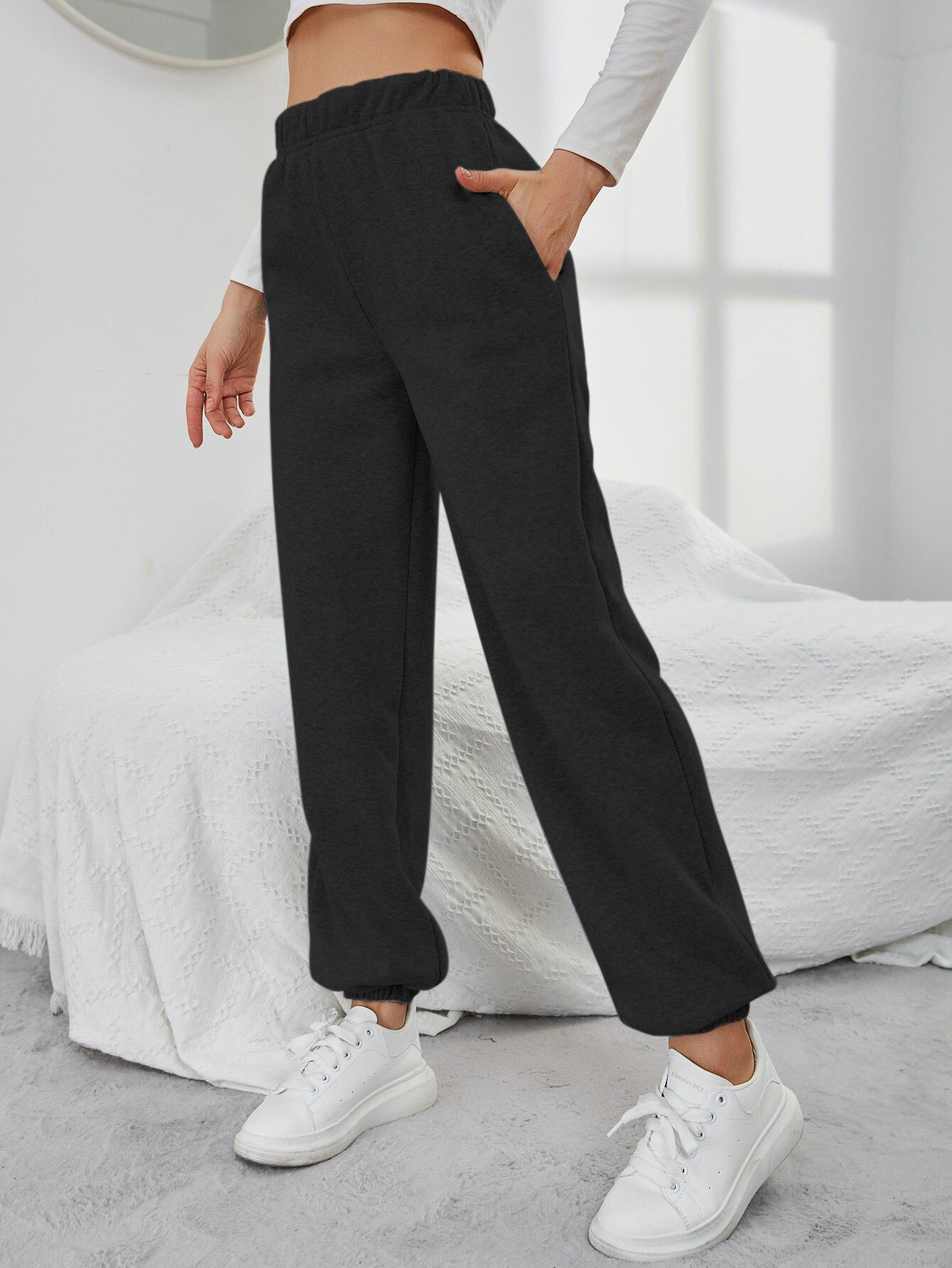 Women’s 2026 Minimalist Straight-Leg Casual Pants – Spring/Summer Pocket Design High-Waist Sport Fleece-Lined Long Pants