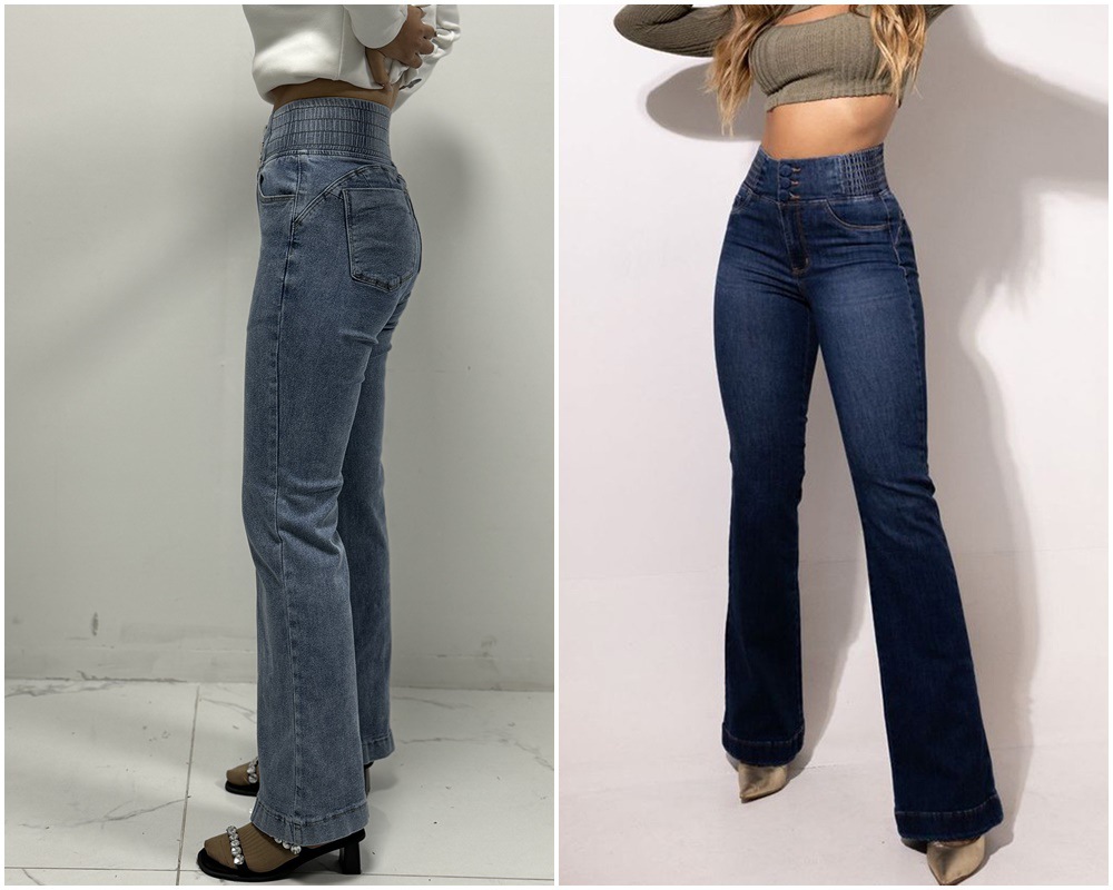 Women’s High-Waist Elastic Waistband Button-Fly Stretch Slim-Fit Wide-Leg Long Jeans