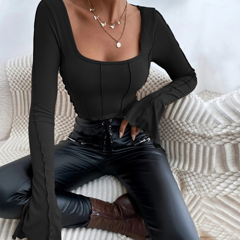 Women’s Spring/Summer 2026 New Arrival Slim-Fit Long Sleeve Square Neck Pullover Knit T-Shirt Top