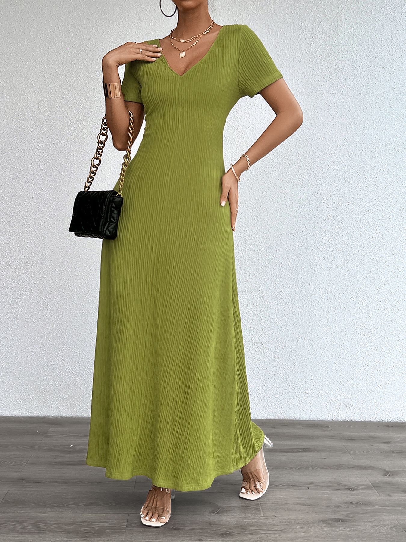 Women’s Plus Size Solid Sexy Deep V-Neck Short Sleeve Long Dress – Summer New Arrival Bestseller