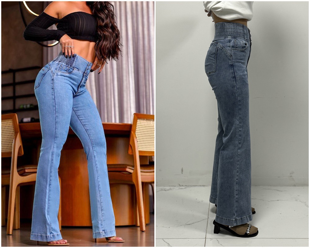 Women’s High-Waist Elastic Waistband Button-Fly Stretch Slim-Fit Wide-Leg Long Jeans