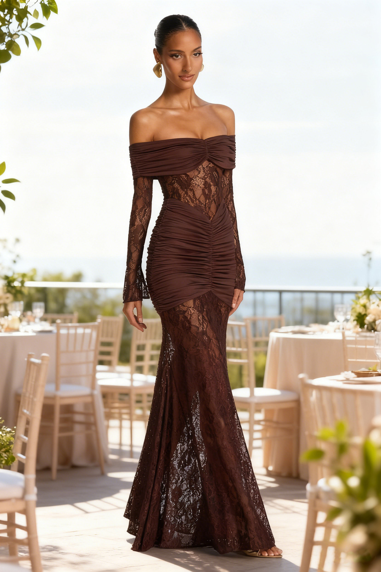 Women’s Elegant Lace Off-Shoulder Long Sleeve Backless Slim-Fit Maxi Dress – Fashion Sexy Style