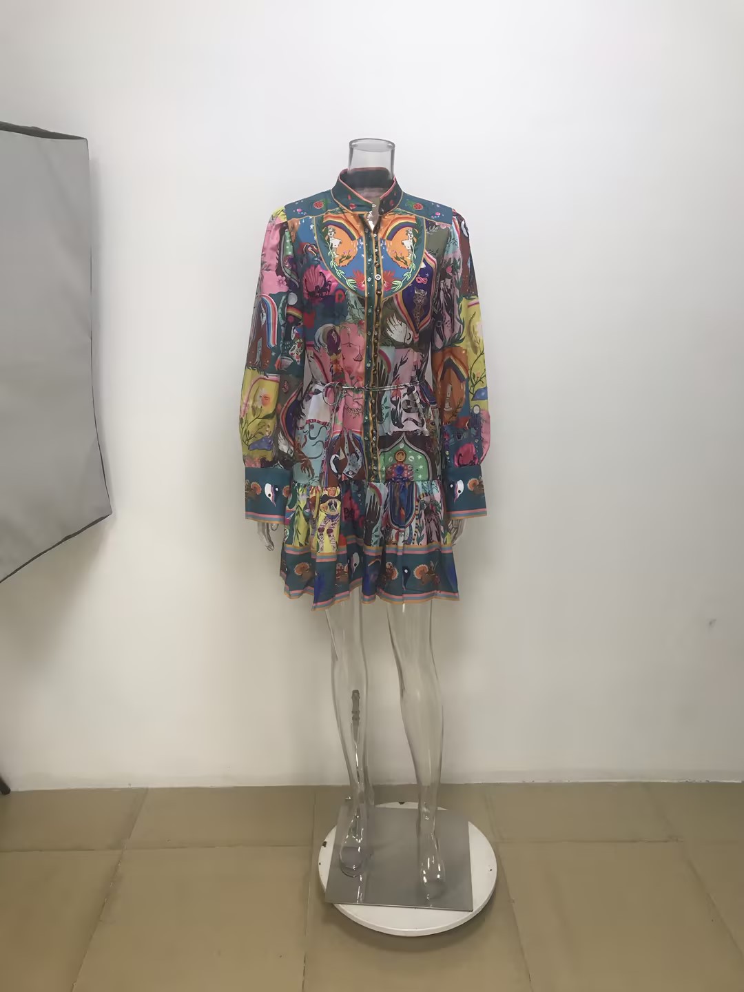 Women’s Spring New Arrival Vintage Elegant Stand Collar Printed Tie Mini Dress