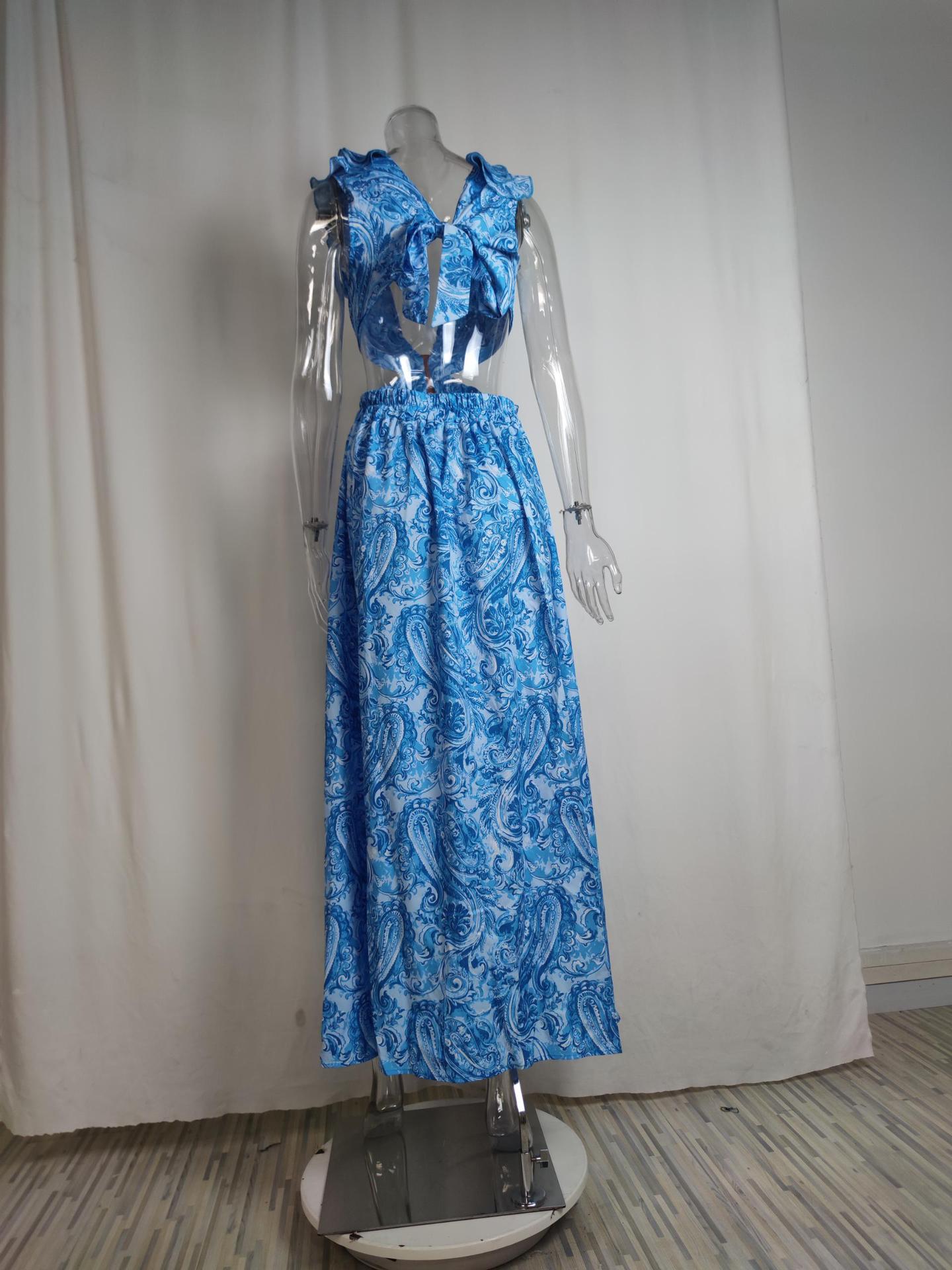 Women’s Spring New Arrival Sexy Deep V-Neck Waist Cut-Out Printed Maxi Dress