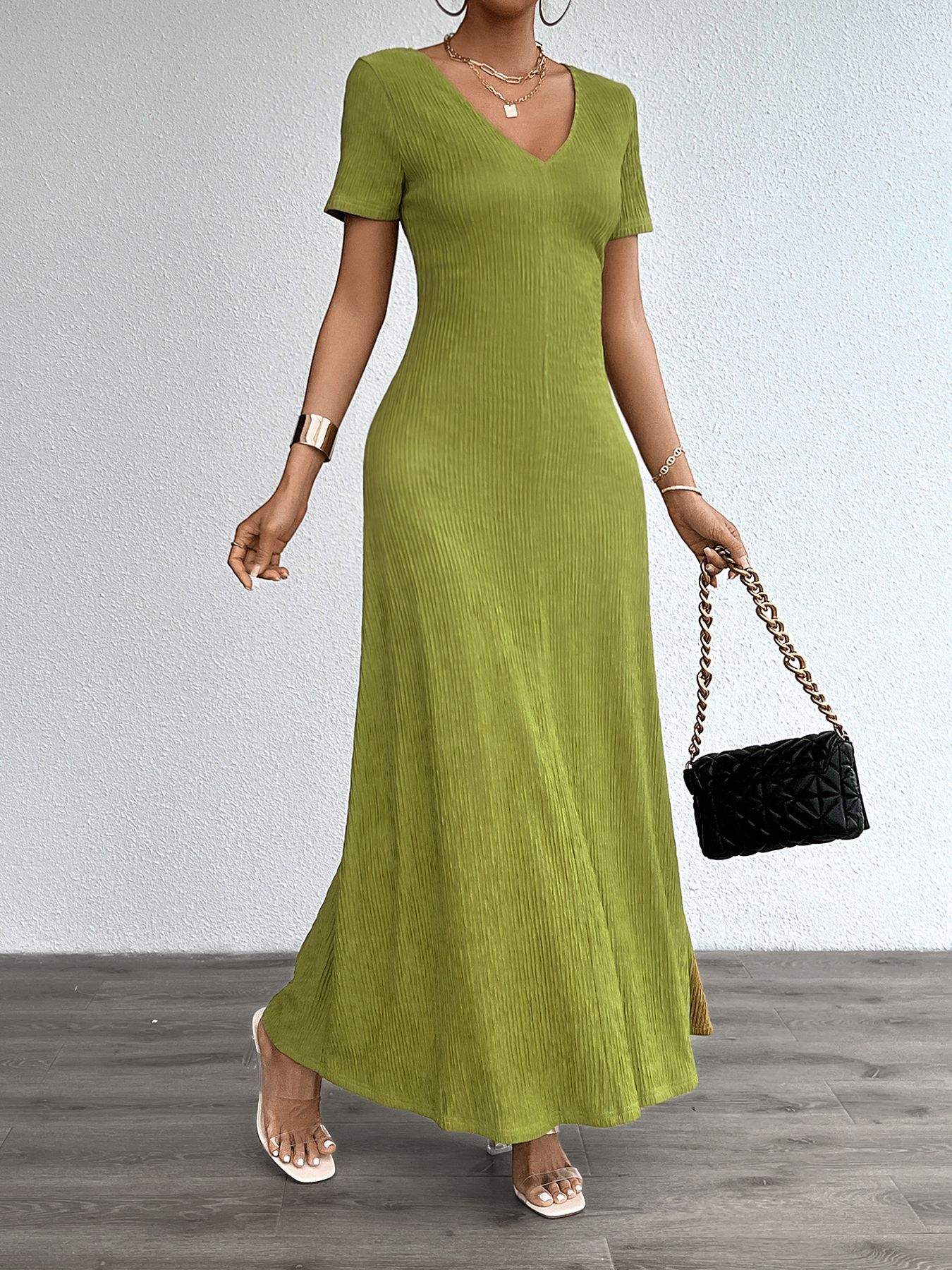 Women’s Plus Size Solid Sexy Deep V-Neck Short Sleeve Long Dress – Summer New Arrival Bestseller