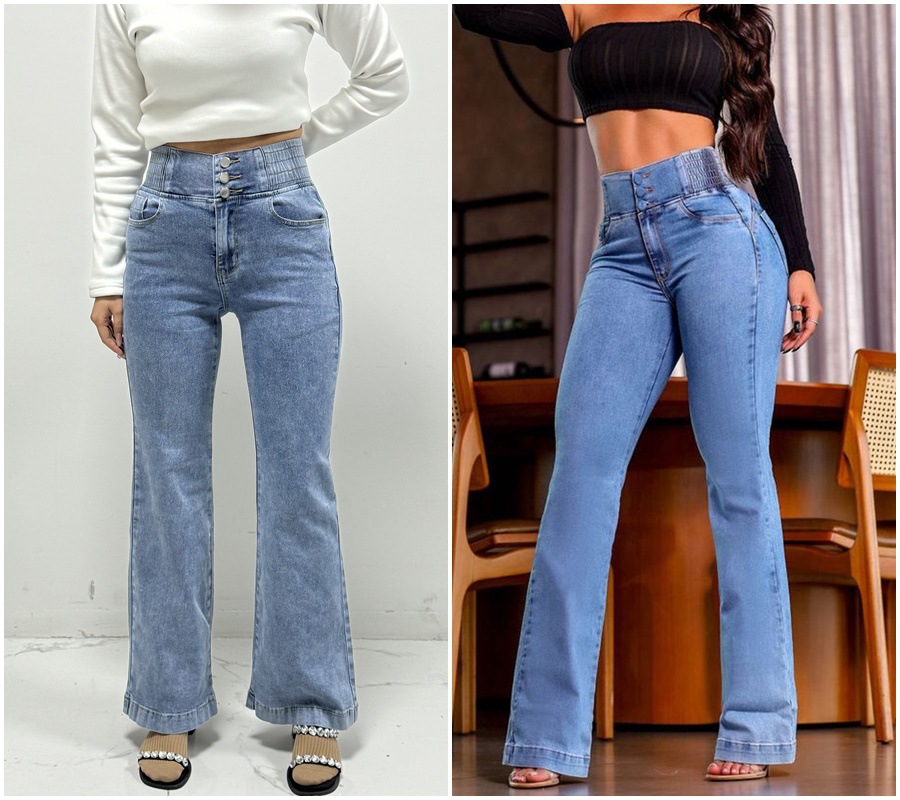 Women’s High-Waist Elastic Waistband Button-Fly Stretch Slim-Fit Wide-Leg Long Jeans