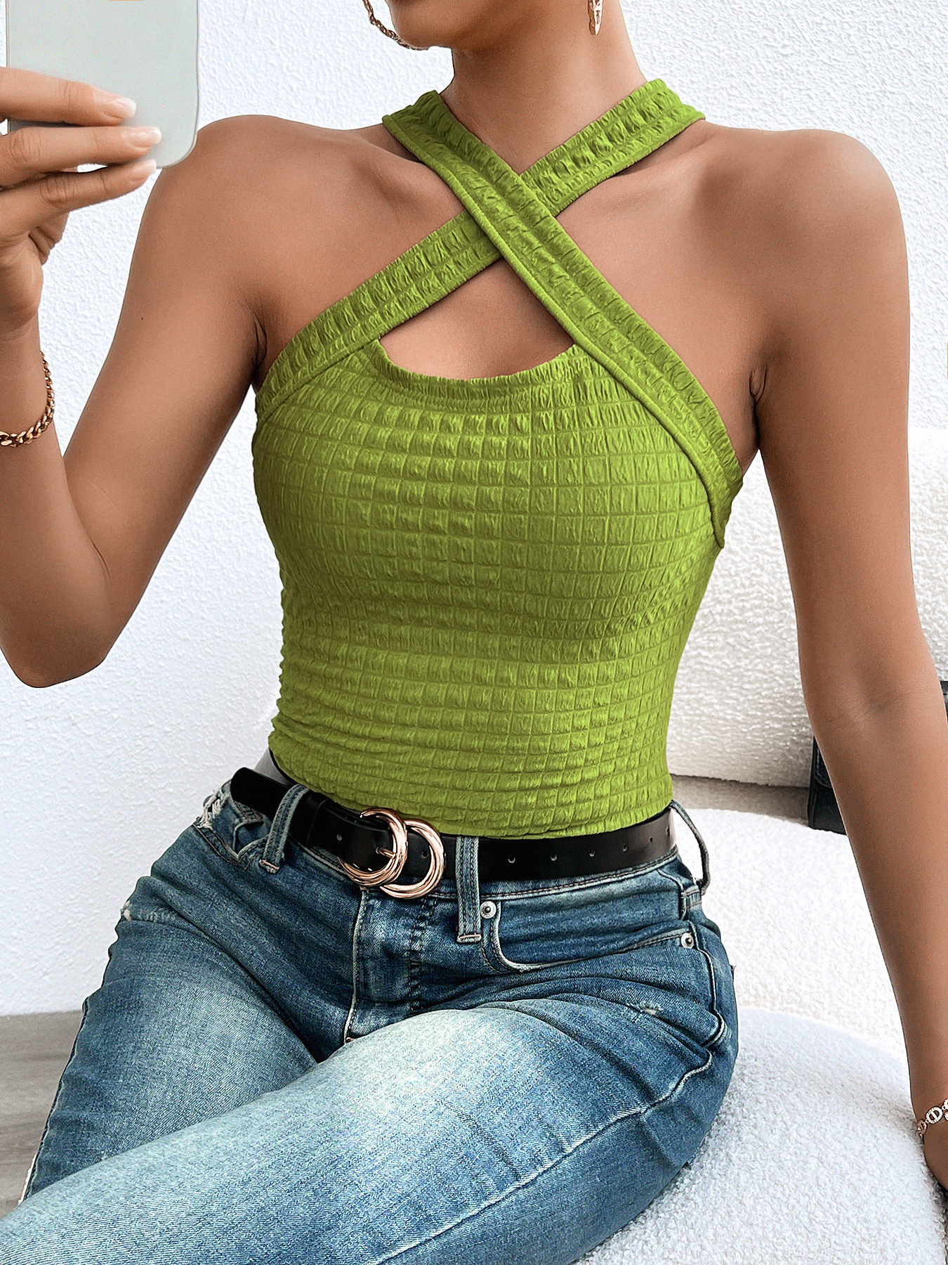 Women’s Halter Sleeveless Sanded Ribbed Knit Top – Fashionable & Versatile