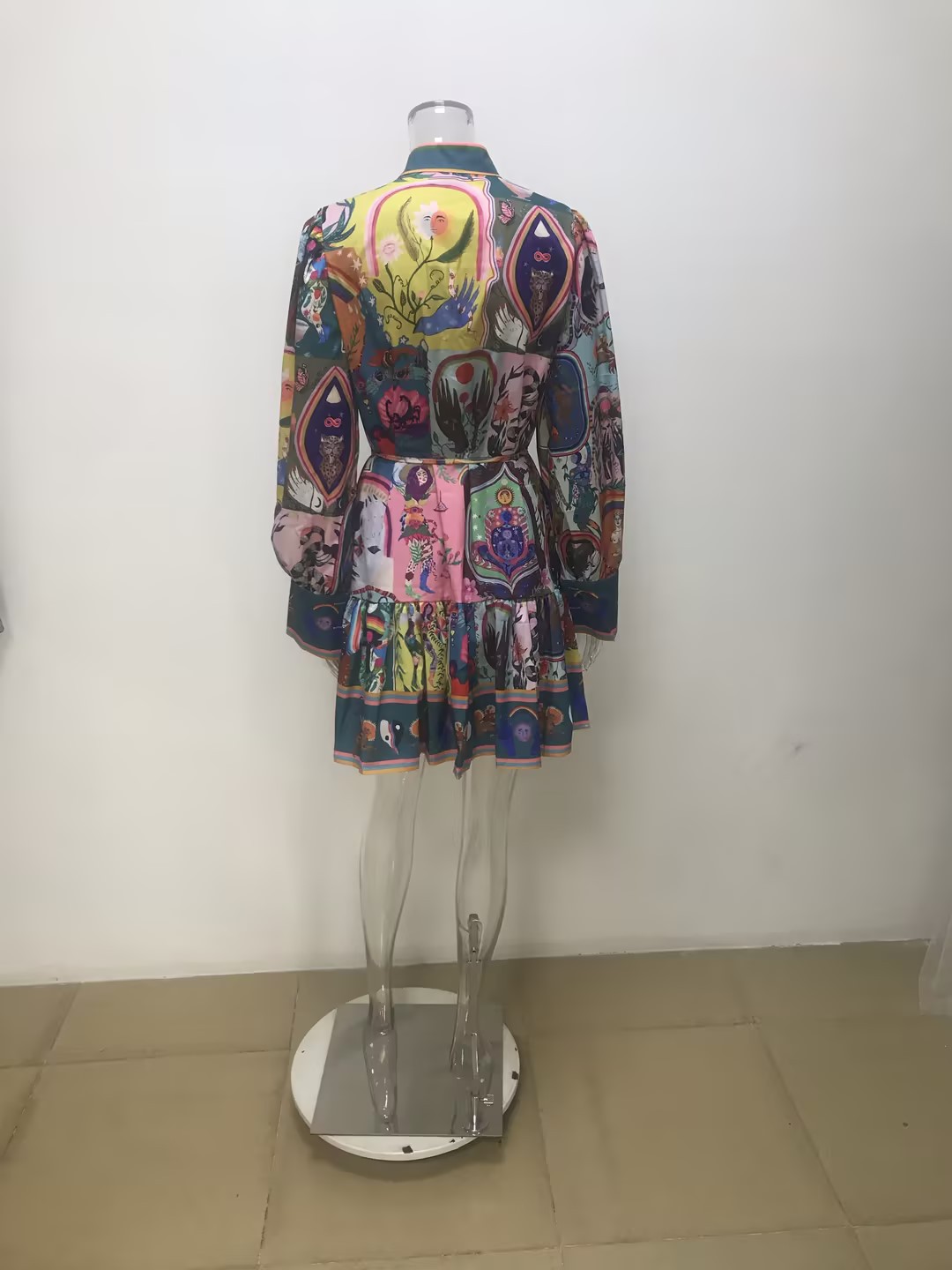 Women’s Spring New Arrival Vintage Elegant Stand Collar Printed Tie Mini Dress