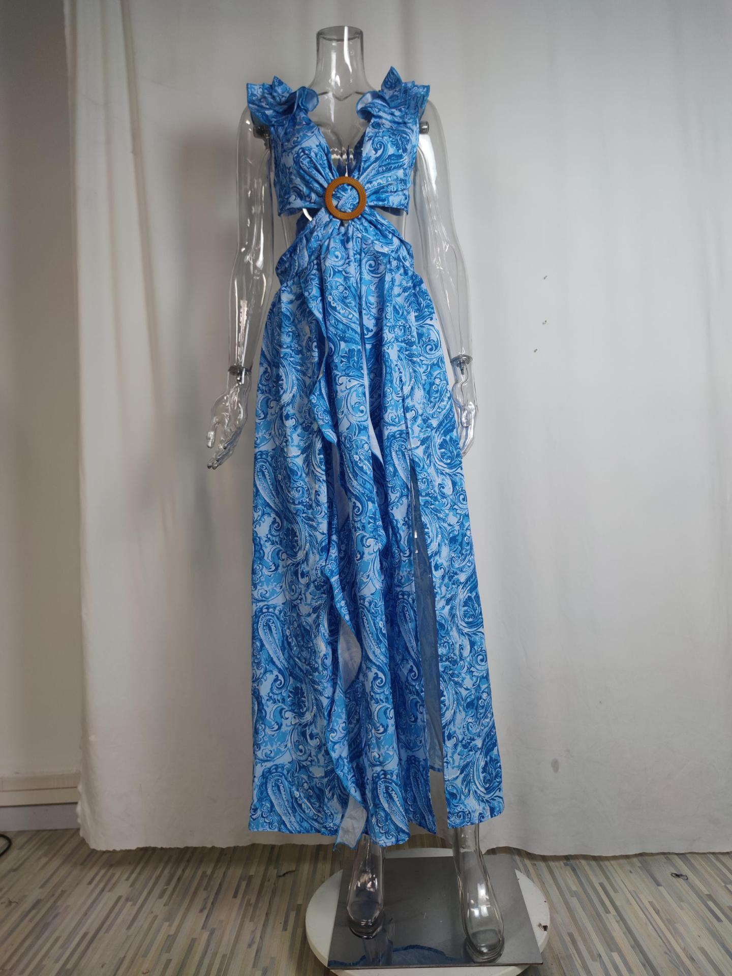 Women’s Spring New Arrival Sexy Deep V-Neck Waist Cut-Out Printed Maxi Dress