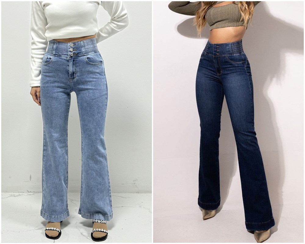 Women’s High-Waist Elastic Waistband Button-Fly Stretch Slim-Fit Wide-Leg Long Jeans