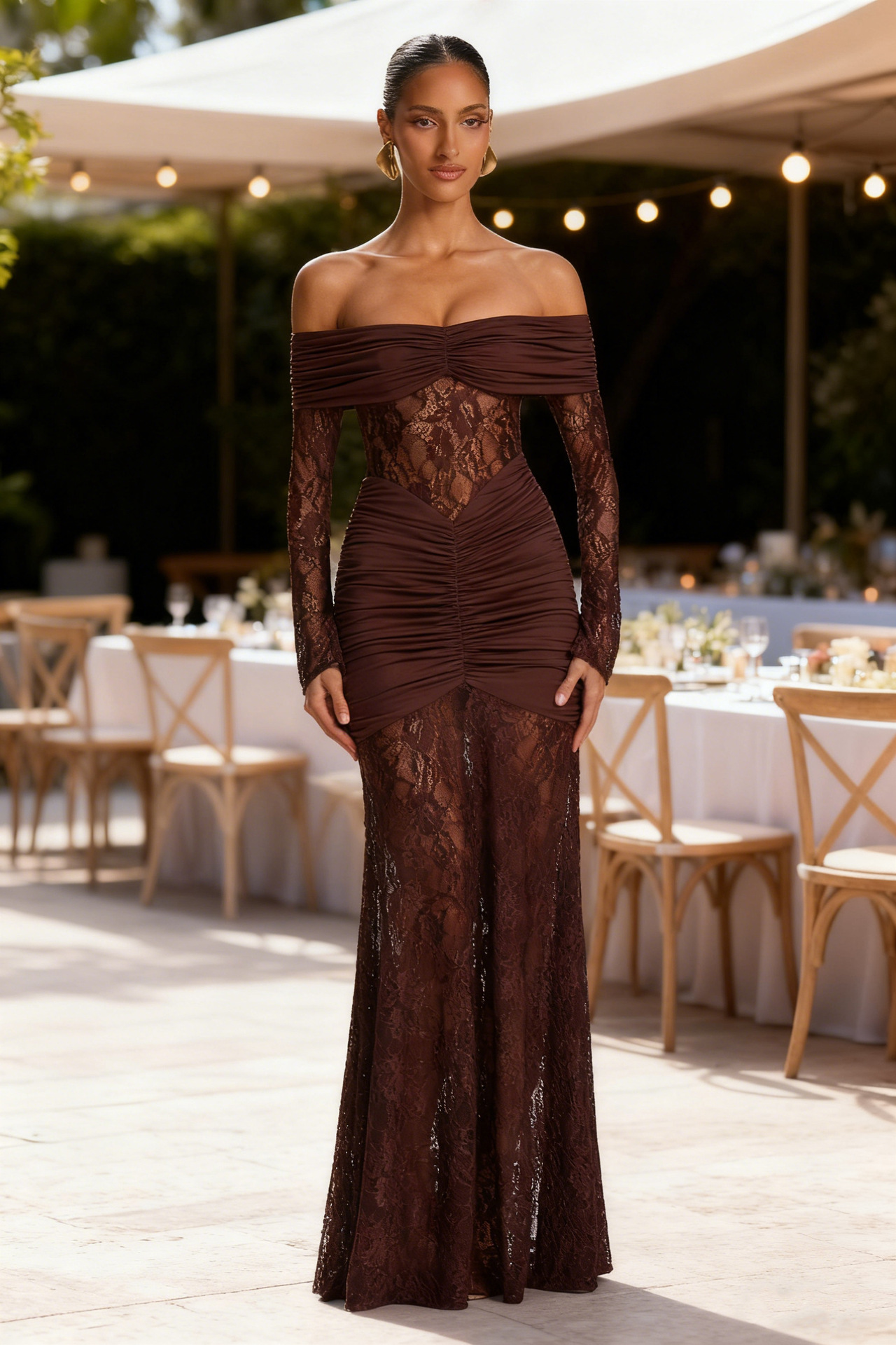 Women’s Elegant Lace Off-Shoulder Long Sleeve Backless Slim-Fit Maxi Dress – Fashion Sexy Style