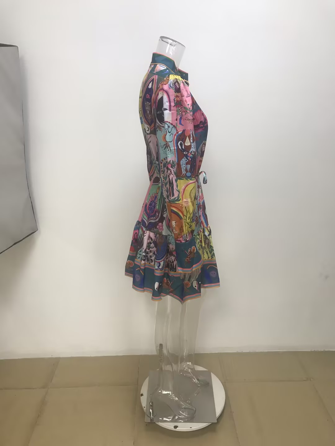 Women’s Spring New Arrival Vintage Elegant Stand Collar Printed Tie Mini Dress