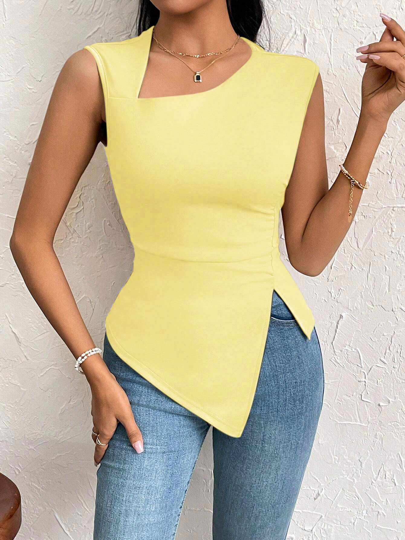 Women’s Elegant T-Shirt – Spring/Summer 2026 New Arrival Asymmetric Neck Slim-Fit Short Solid Top
