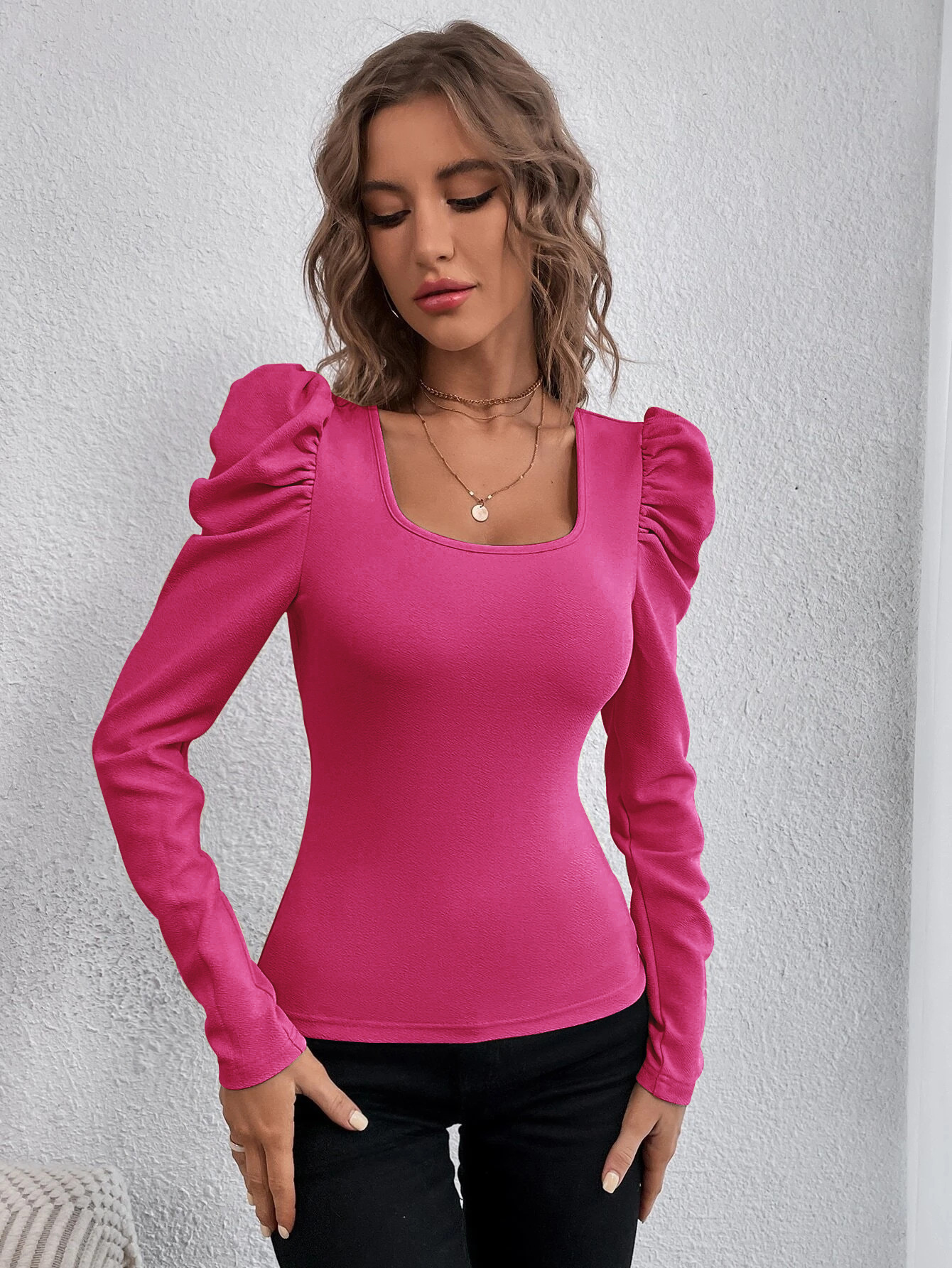 Women’s Fashion Square Neck Slim-Fit Leg-of-Mutton Sleeve Knit Long Sleeve T-Shirt – Commuter Top In Stock