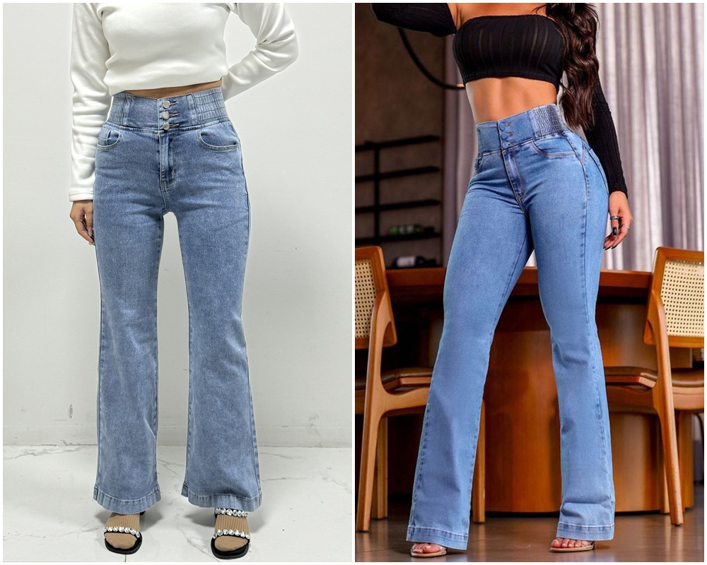 Women’s High-Waist Elastic Waistband Button-Fly Stretch Slim-Fit Wide-Leg Long Jeans
