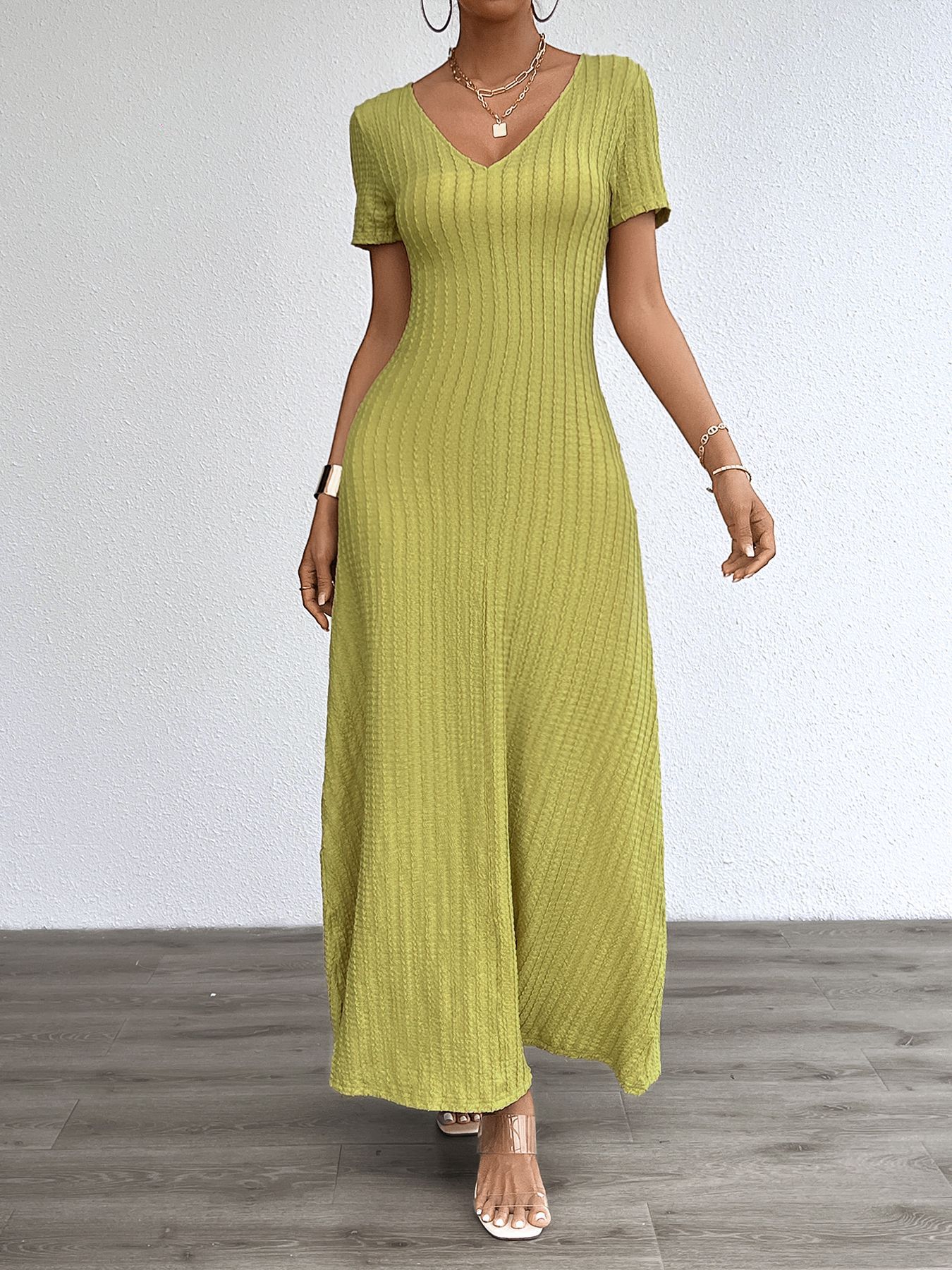 Women’s Plus Size Solid Sexy Deep V-Neck Short Sleeve Long Dress – Summer New Arrival Bestseller