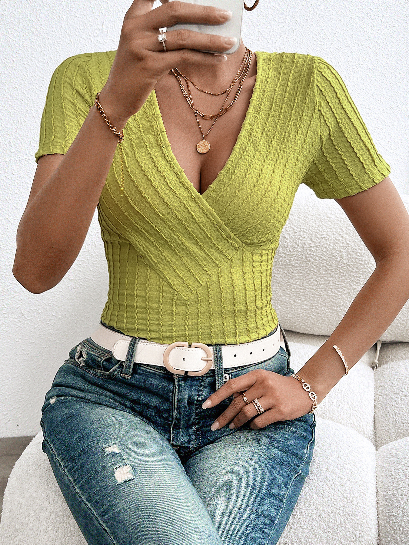 Women’s Spring/Summer Elegant Ribbed Pullover Long Sleeve V-Neck Slim-Fit T-Shirt