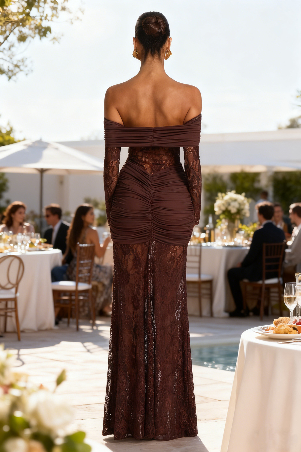 Women’s Elegant Lace Off-Shoulder Long Sleeve Backless Slim-Fit Maxi Dress – Fashion Sexy Style