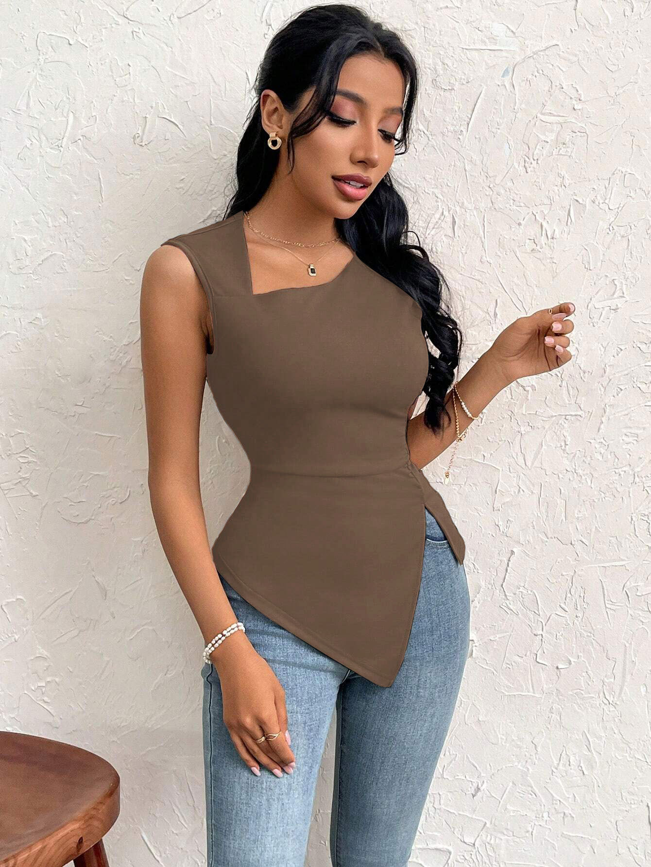 Women’s Elegant T-Shirt – Spring/Summer 2026 New Arrival Asymmetric Neck Slim-Fit Short Solid Top