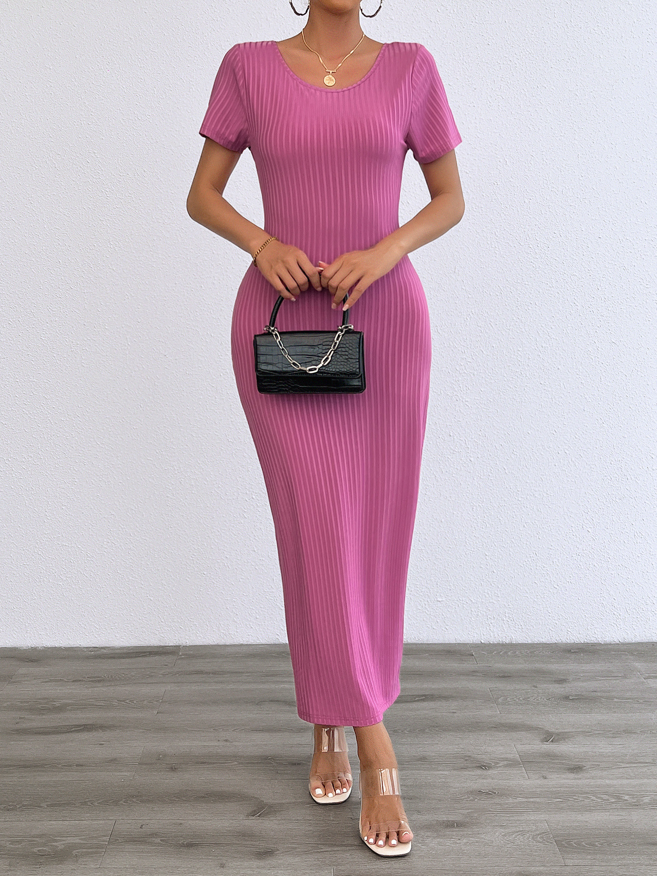 Women’s Spring/Summer New Arrival Fashion Casual Solid Round Neck Slim-Fit Dress