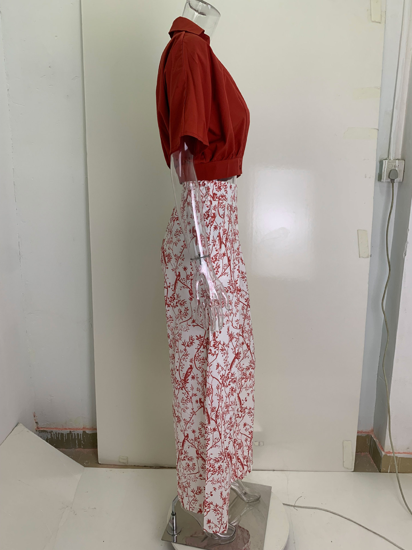 Women’s Spring New Arrival Casual V-Neck Printed Slim-Fit Short Sleeve Long Pants Set