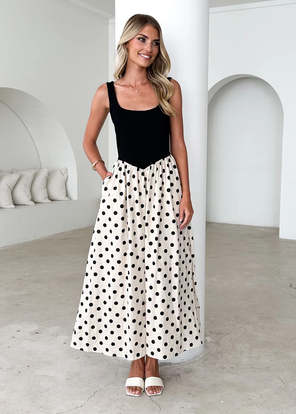 Women’s Spring/Summer New Arrival Polka Dot Print Patchwork U-Neck Flared Elegant Sleeveless Maxi Dress