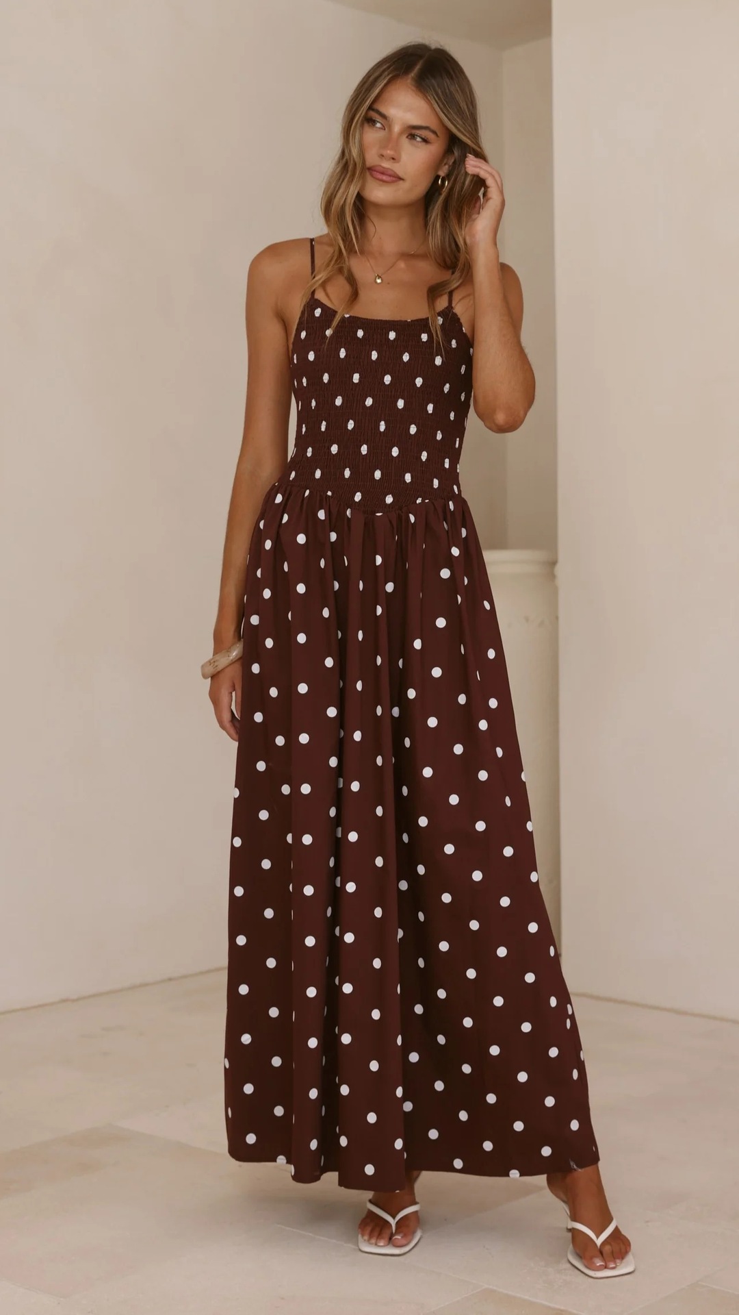 Women’s Spring/Summer New Arrival Polka Dot Print French Round Neck Waist-Cinching Camisole Flared Maxi Dress