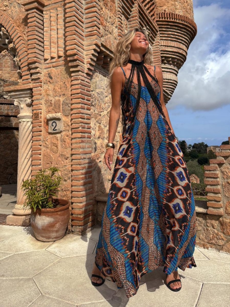 Women’s Summer New Arrival Influencer Style Placement Print Camisole Flared Maxi Dress