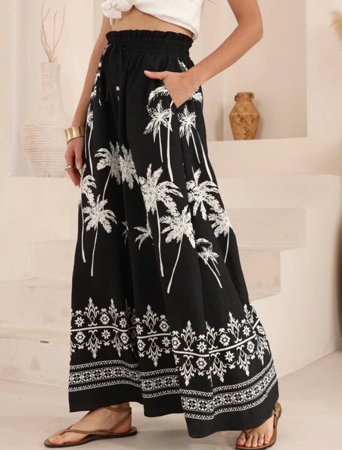 Women’s New Arrival Printed Wide-Leg Pants – Loose Casual Resort Style Elastic Waist Long Pants