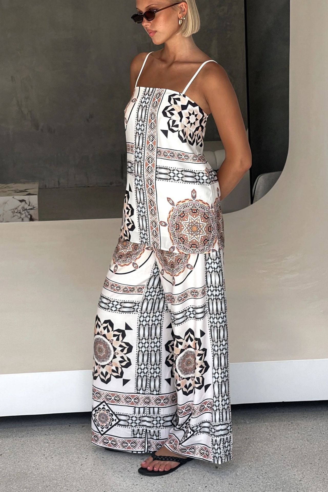 Women’s Placement Print Loose Casual Camisole Top + Wide-Leg Straight Pants Set
