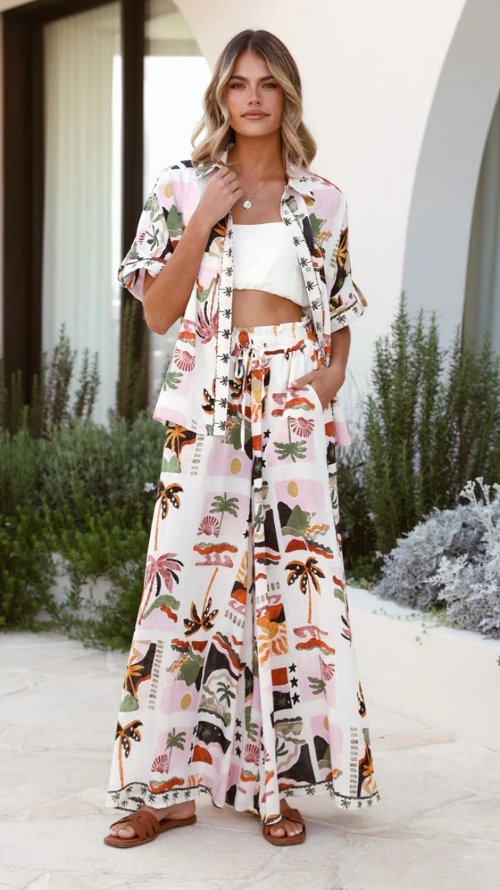 Women’s New Arrival Beach Resort Style Beach Print Loose Casual Short Sleeve Shirt Wide-Leg Pants Set