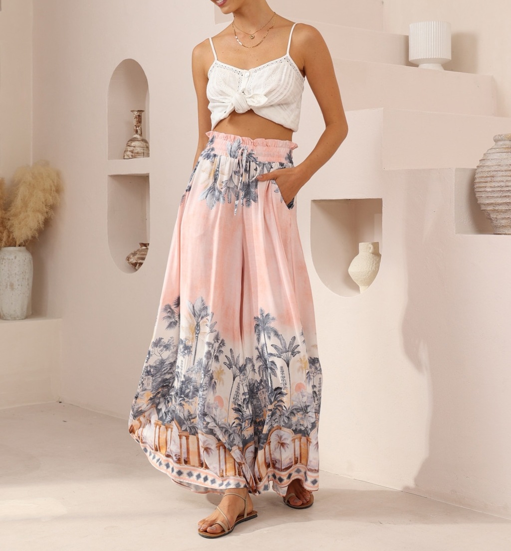 Women’s Summer New Arrival Printed Casual Resort Elastic Waist Wide-Leg Long Pants