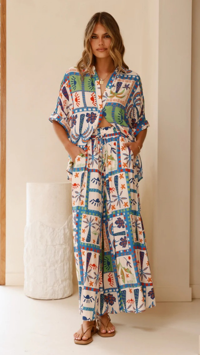 Women’s Summer New Arrival Beach Print Resort Casual Loose Short Sleeve Shirt + Wide-Leg Pants Set